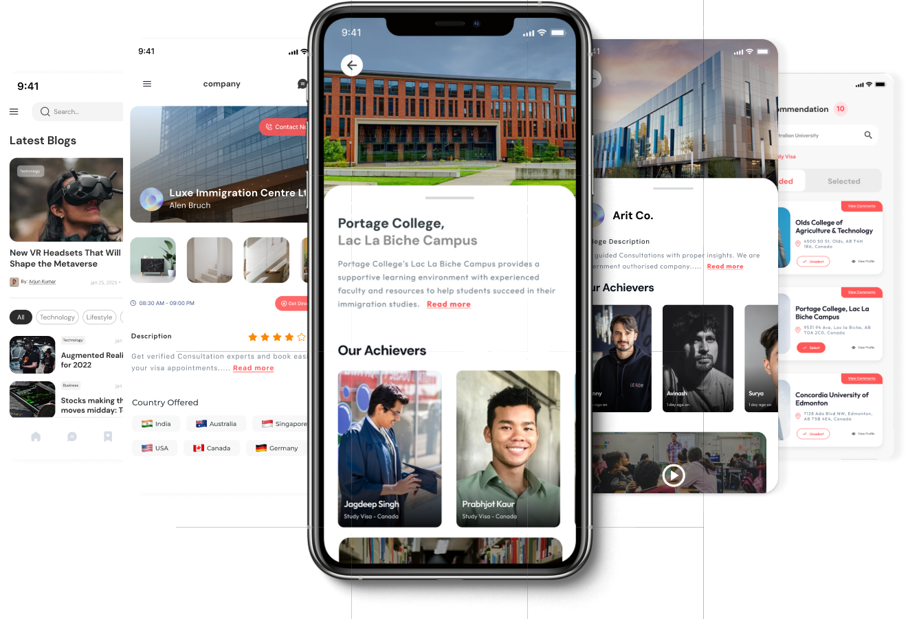 Mobile UI of Find & Consult showing college listings, achievers, blogs, and recommendations